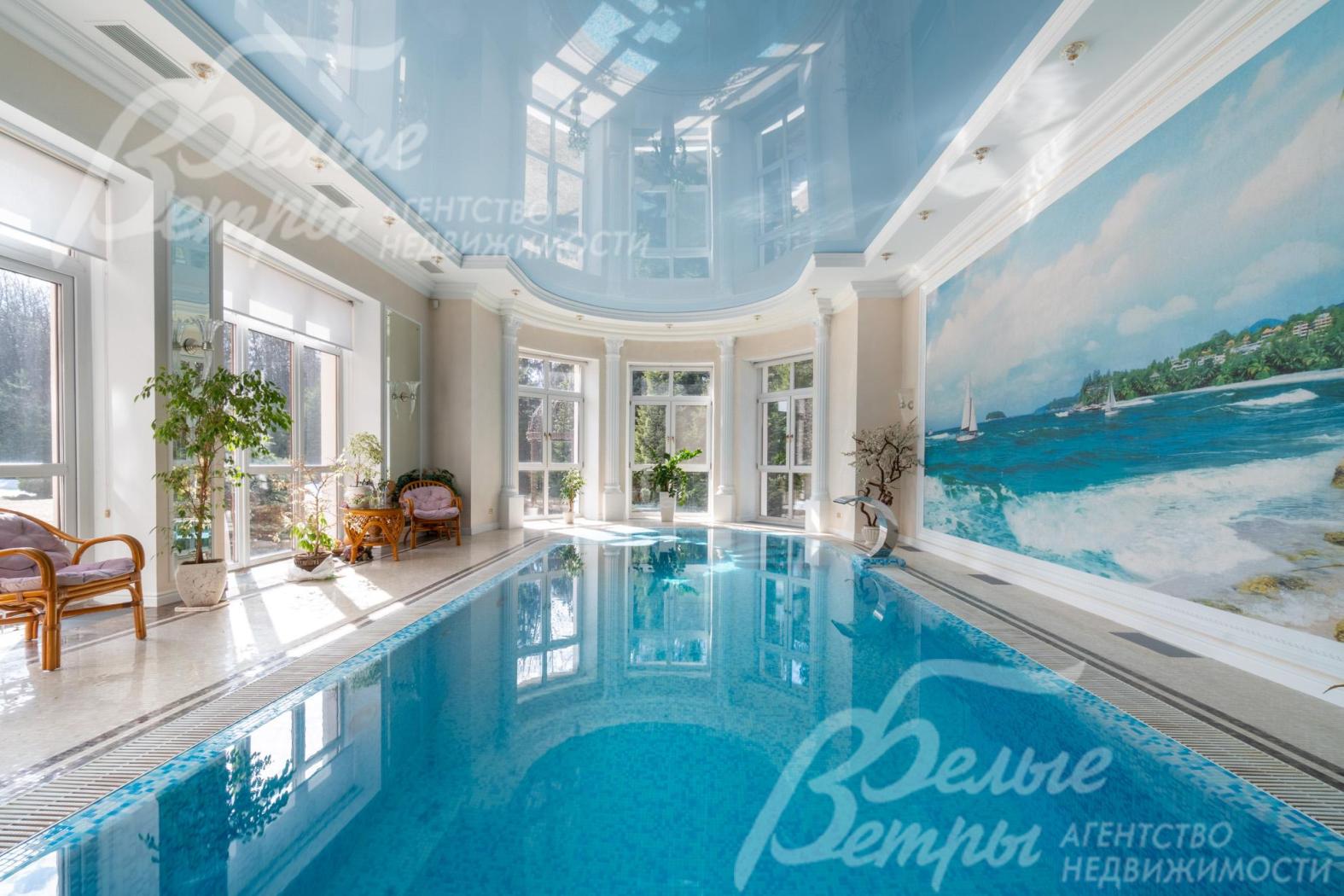 Переливной бассейн 8×4 м глубиной до 1,85 м - с водопадом, подводным массажем и противотоком. Стена украшена фреска с морским пейзажем