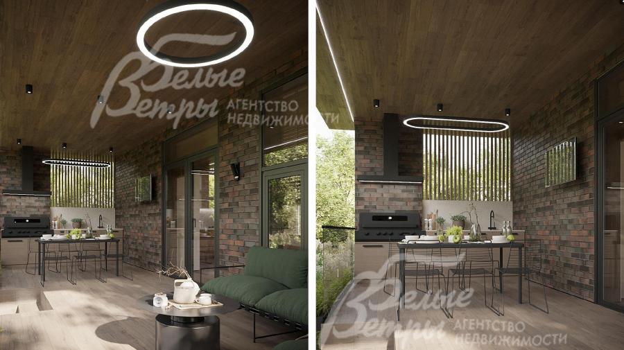 Визуализация дизайн-проекта мансардного этажа: оформление крытой веранды с мангалом, обеденной группой и зоной отдыха