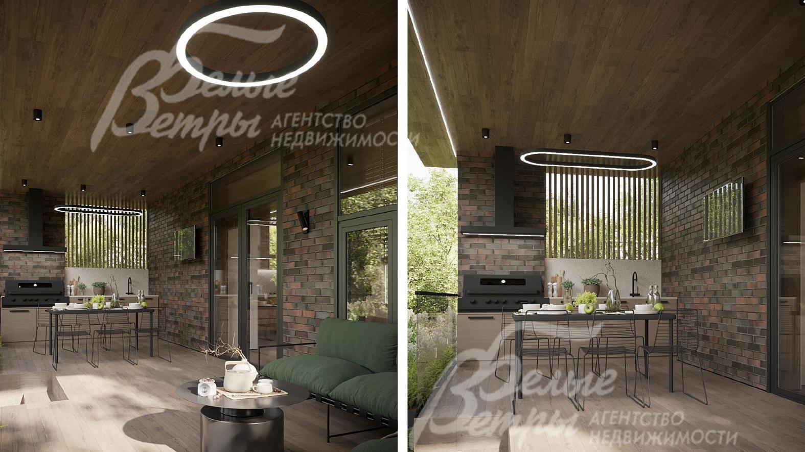 Визуализация дизайн-проекта мансардного этажа: оформление крытой веранды с мангалом, обеденной группой и зоной отдыха