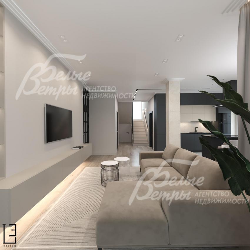 Визуализация дизайн проекта 1-го этажа: выход из гостиной в холл через открытый проём