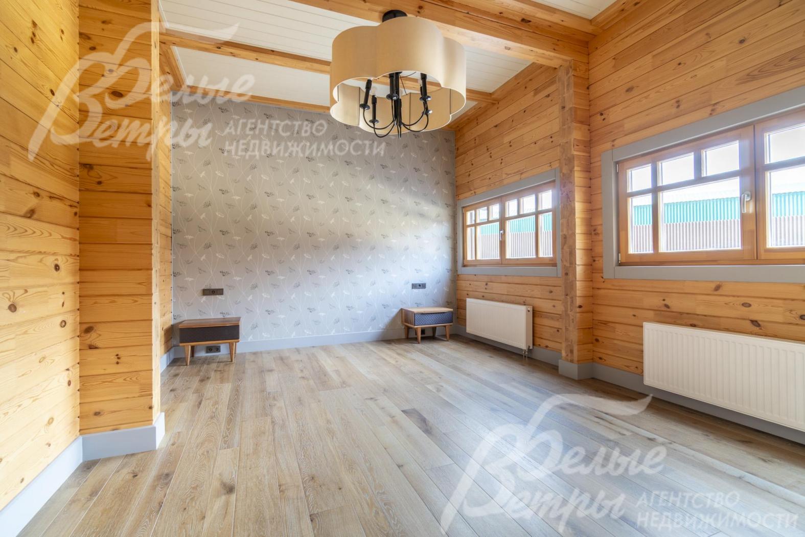 Спальня на первом этаже 18,5 кв.м: на стенах - имитация бруса и бумажные брендовые обои