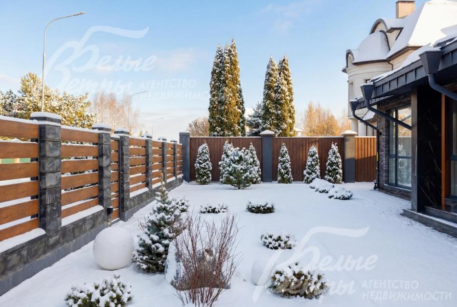 На участке с ландшафтным дизайном высажены деревья, декоративные кустарники