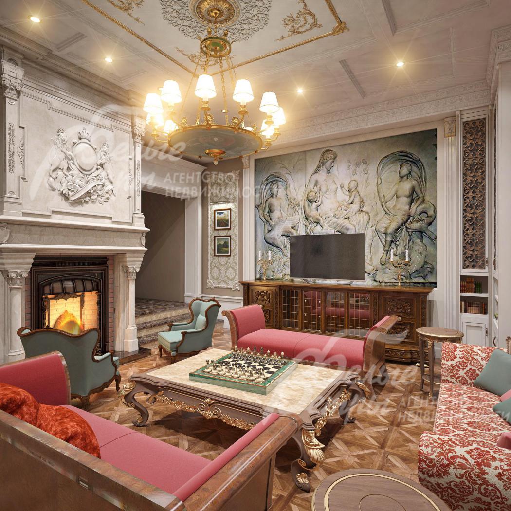 Визуализация гостиной с камином 38 кв.м