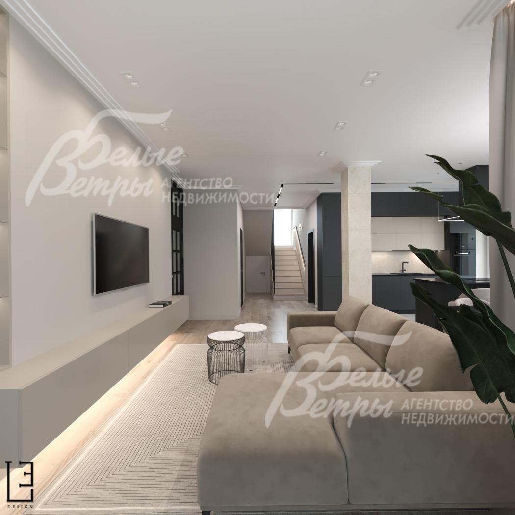 Визуализация дизайн проекта 1-го этажа: выход из гостиной в холл через открытый проём