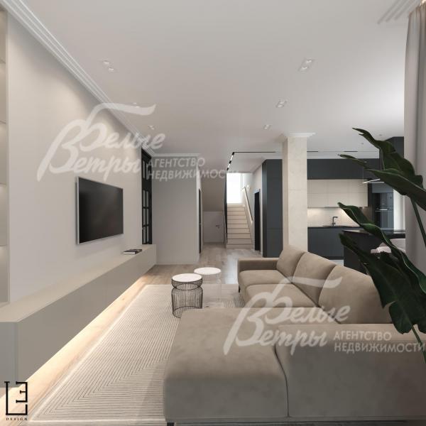 Визуализация дизайн проекта 1-го этажа: выход из гостиной в холл через открытый проём