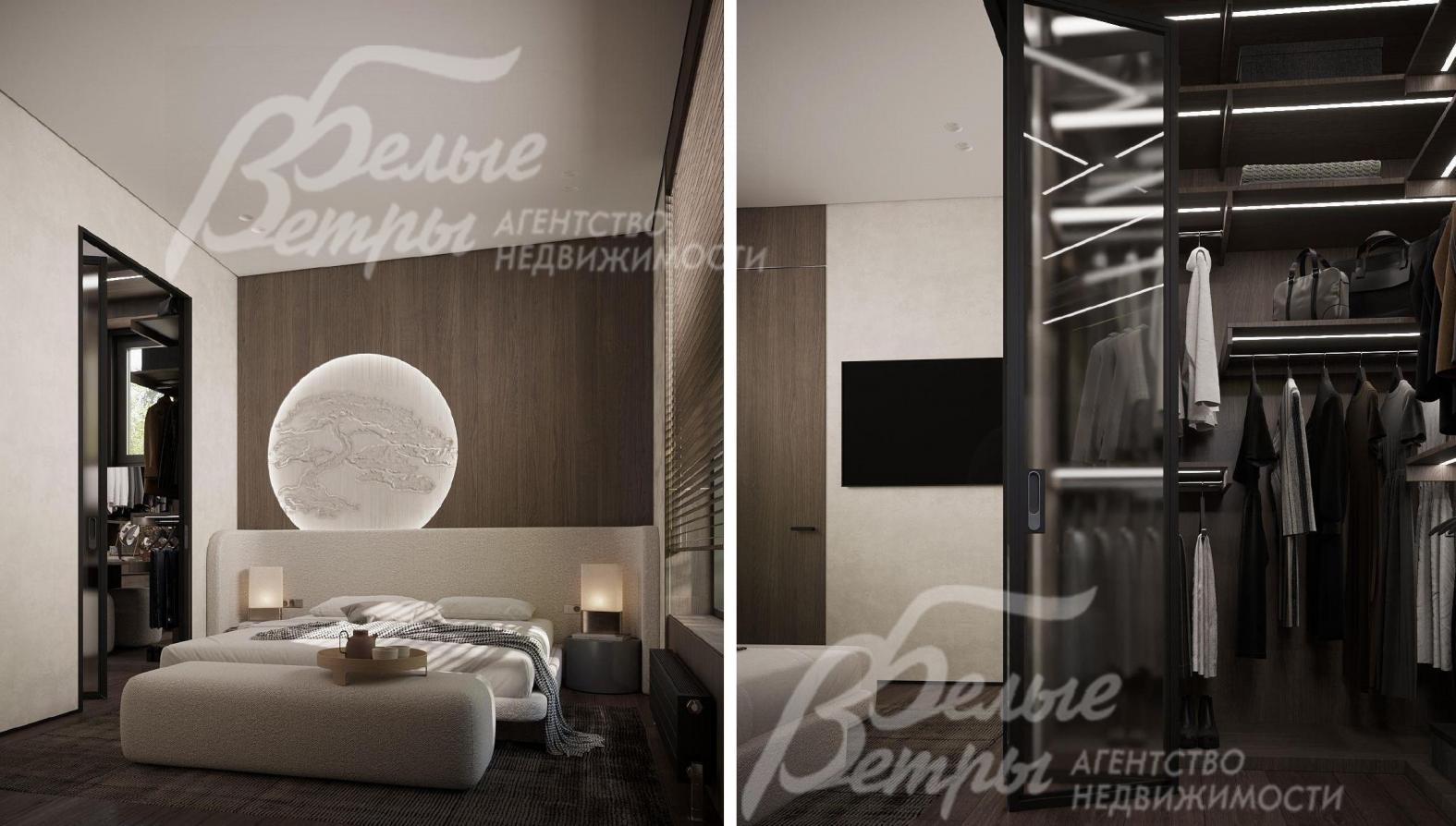 Визуализация дизайн-проекта 2-го этажа: мастер-спальня с гардеробной